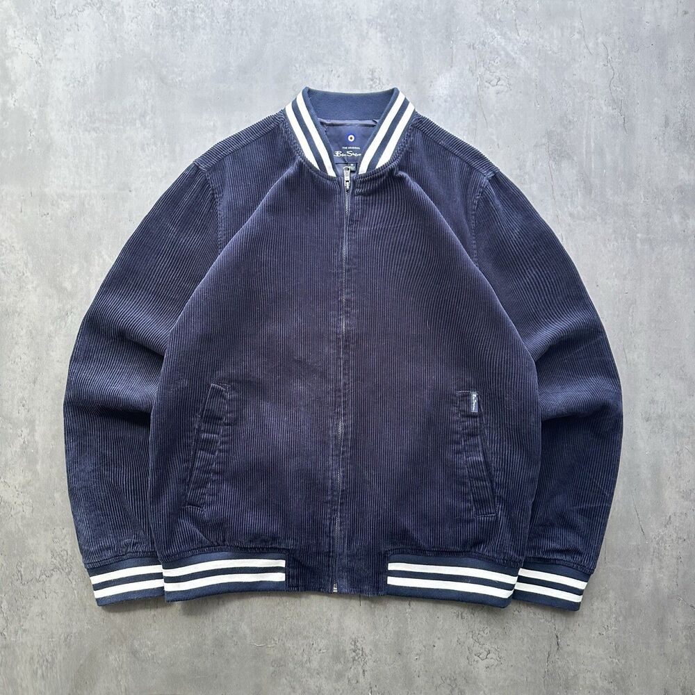 Ben Sherman Corduroy Bomber Jacket Navy Striped Trim Full Zip Cotton Men M